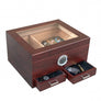 Chalet Glass Top II desktop humidor with Storage drawers in Cherry wood finish (~25-50 count)