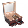 Chalet Glass Top II desktop humidor with Storage drawers in Cherry wood finish (~25-50 count)