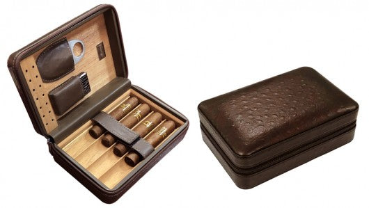 Brown Ostrich Motif Leather 4 Cigar Travel Humidor case with Accessories