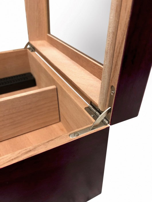 Chalet Glass Top desktop humidor with Storage drawer in Cherry wood finish (~25-50 count)