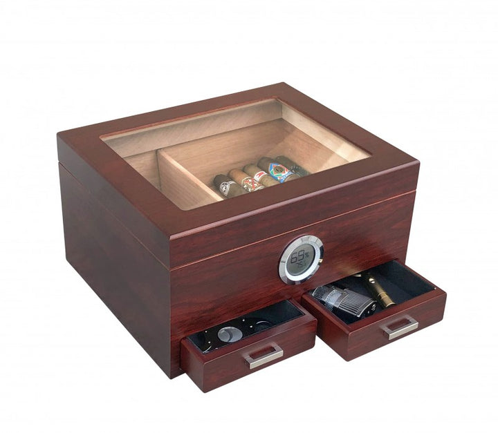 Chalet Glass Top II desktop humidor with Storage drawers in Cherry wood finish (~25-50 count)