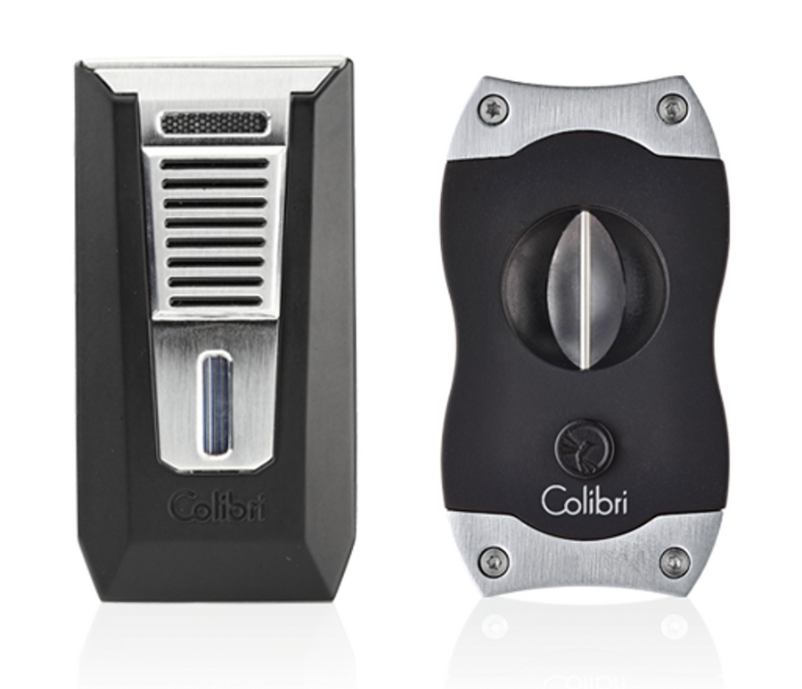 Colibri - Slide Double-jet flame cigar lighter + V-Cut cigar cutter combo (Black-Chrome)