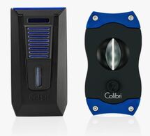 Colibri - Slide Double-jet flame cigar lighter + V-Cut cigar cutter combo (Black-Blue)