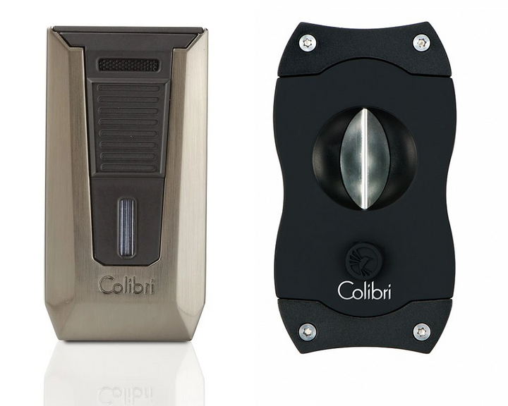 Colibri - Slide Double-jet flame cigar lighter + V-Cut cigar cutter combo (Black-Gunmetal)