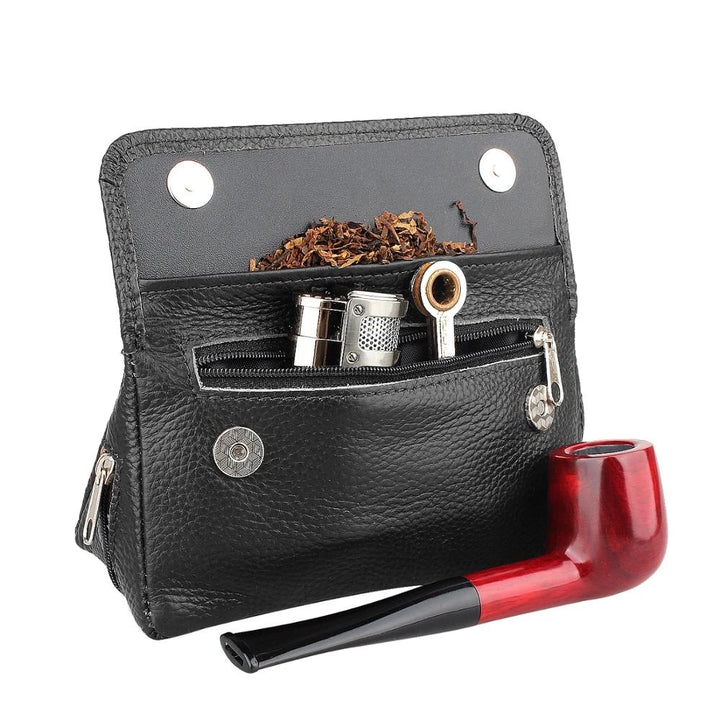 Leather Double Pipe case with Tobacco Pouch (black)