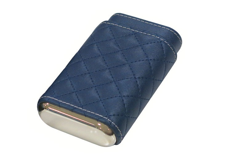 3 Cigar Diamond Stitch Leather Case (Blue)