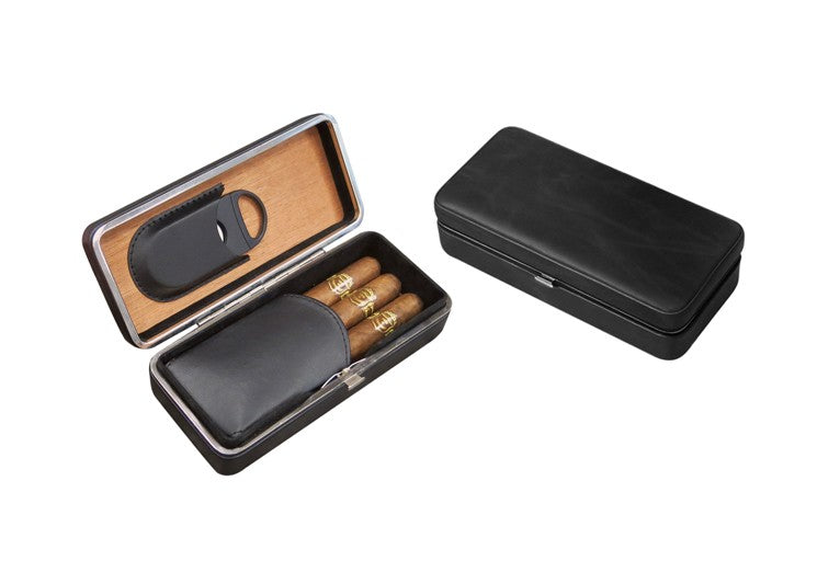 Black Leather 3 Cigar folding Case
